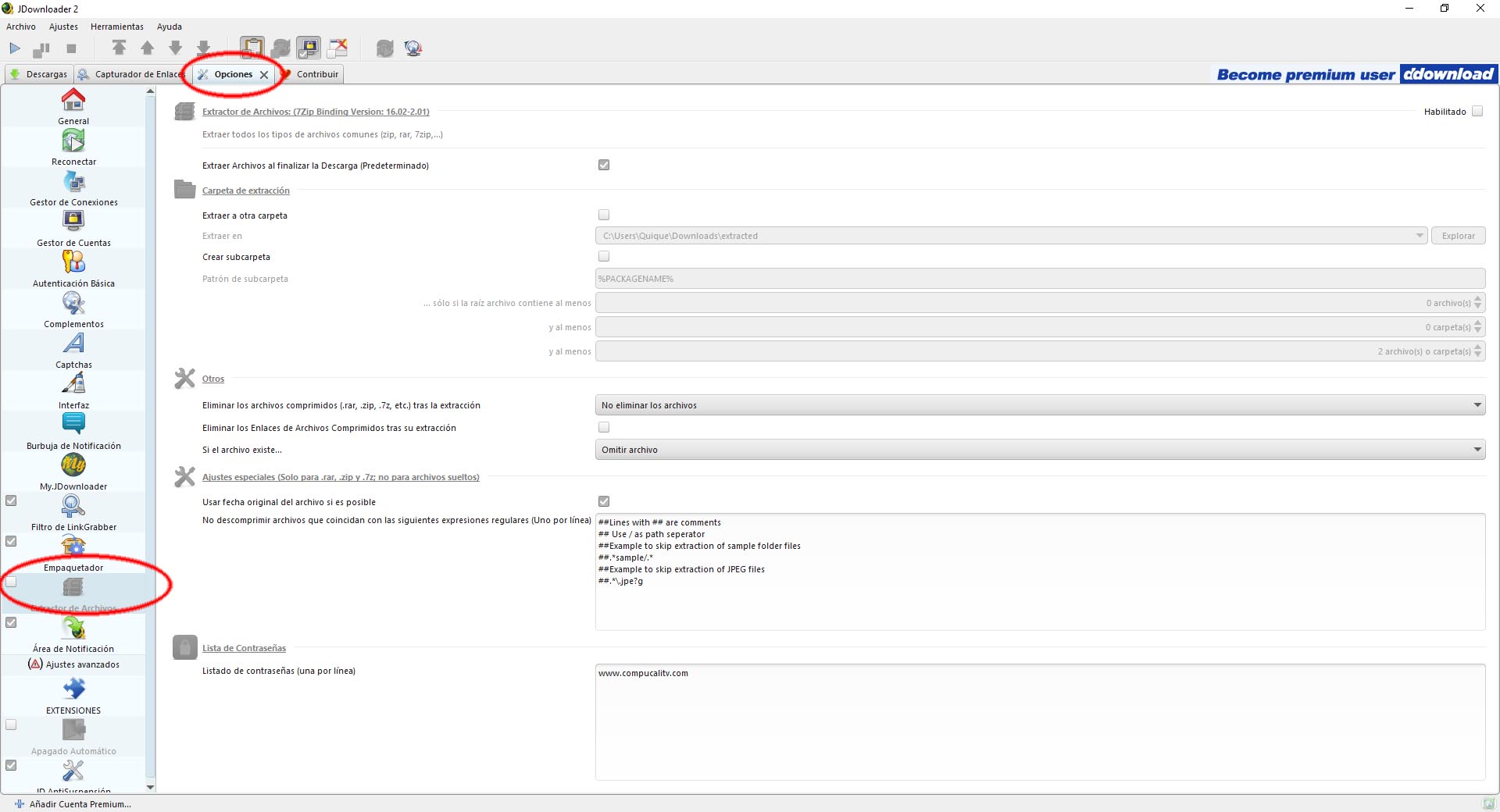Opción 'Empaquetador' deshabilitada en Jdownloader.