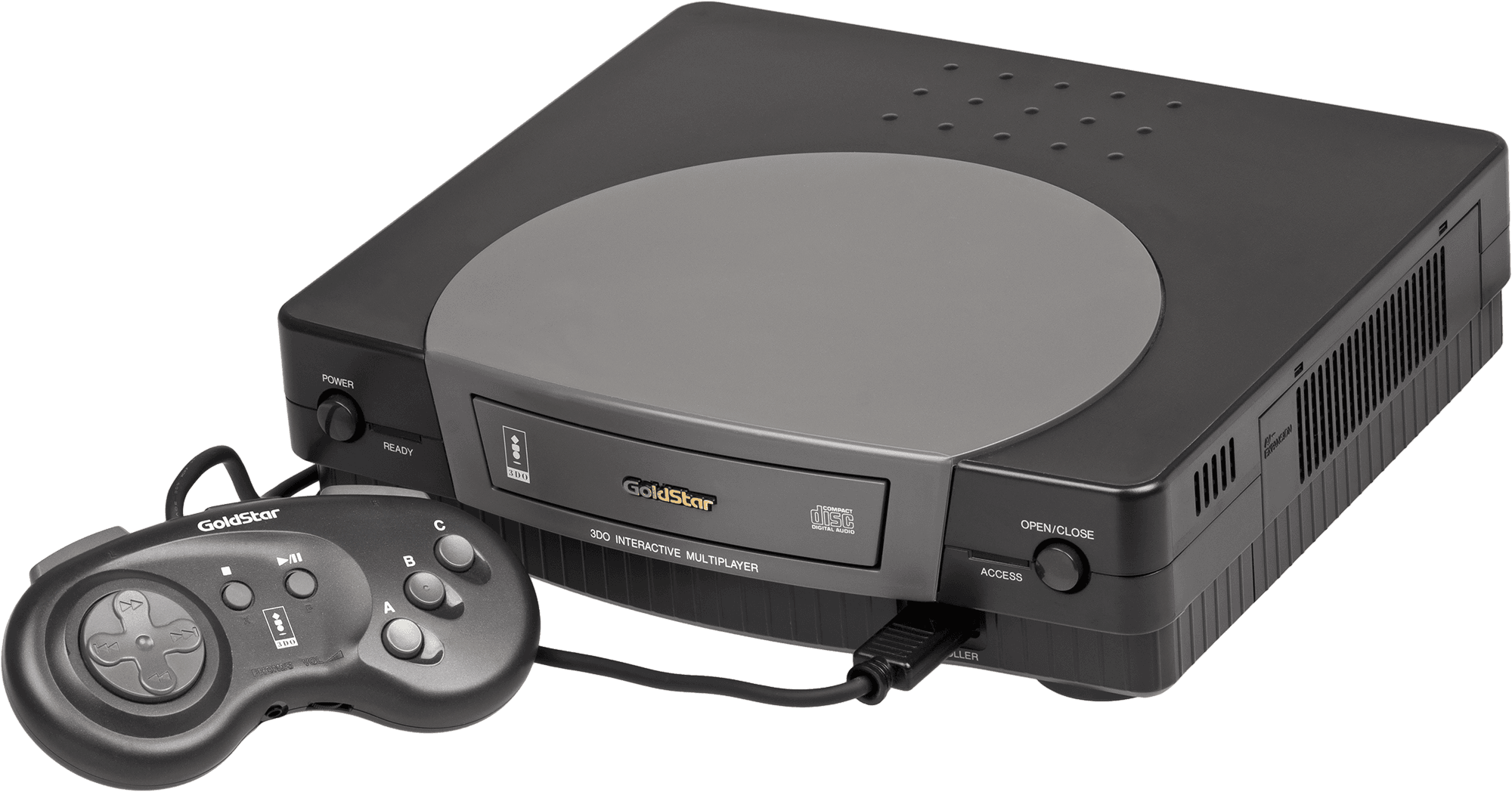 GoldStar 3DO, consola de videojuegos de 32 bits compatible con juegos en CD-ROM y gráficos avanzados para su época.
