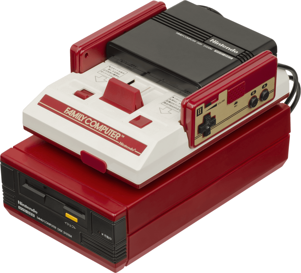 Nintendo Famicom Disk System, unidad de discos para la Famicom de Japón con disquetes regrabables.