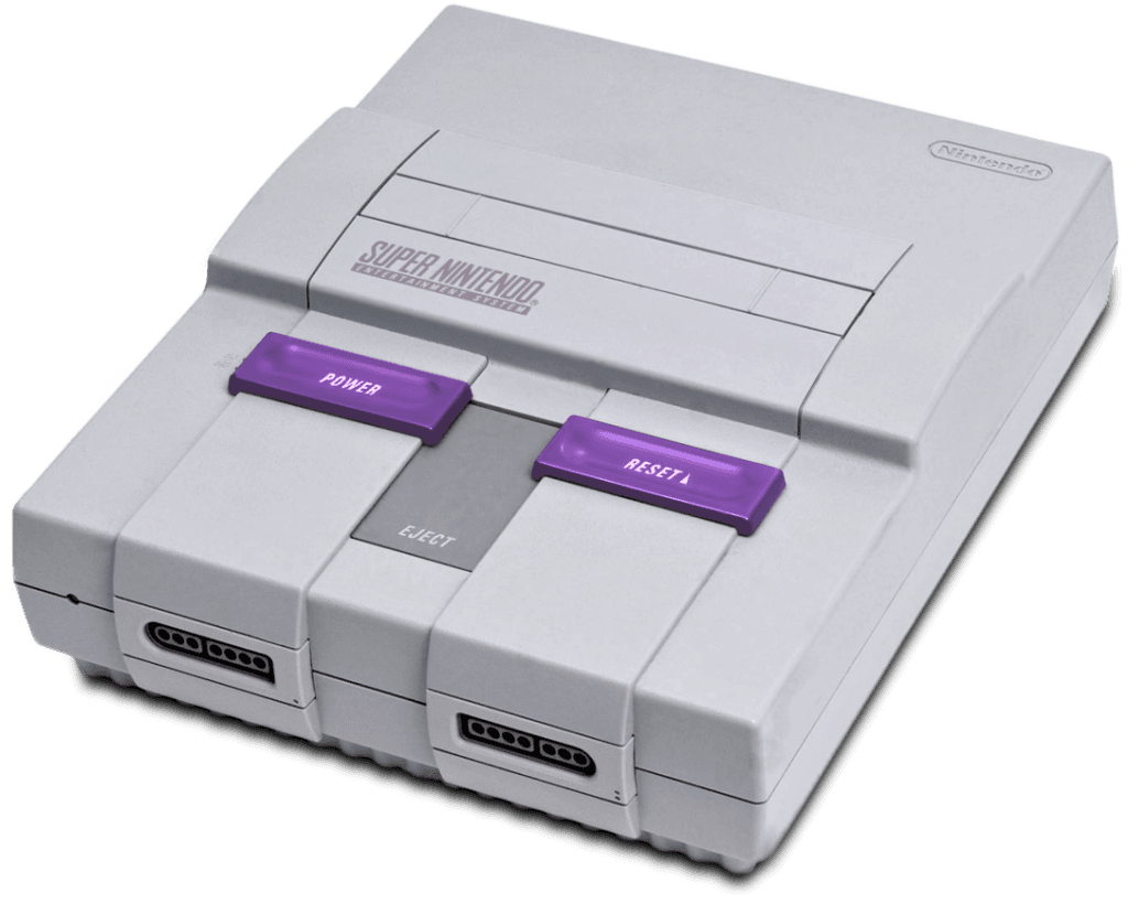 Super Nintendo Entertainment System, consola de 16 bits con controles clásicos y cartuchos de juegos icónicos.