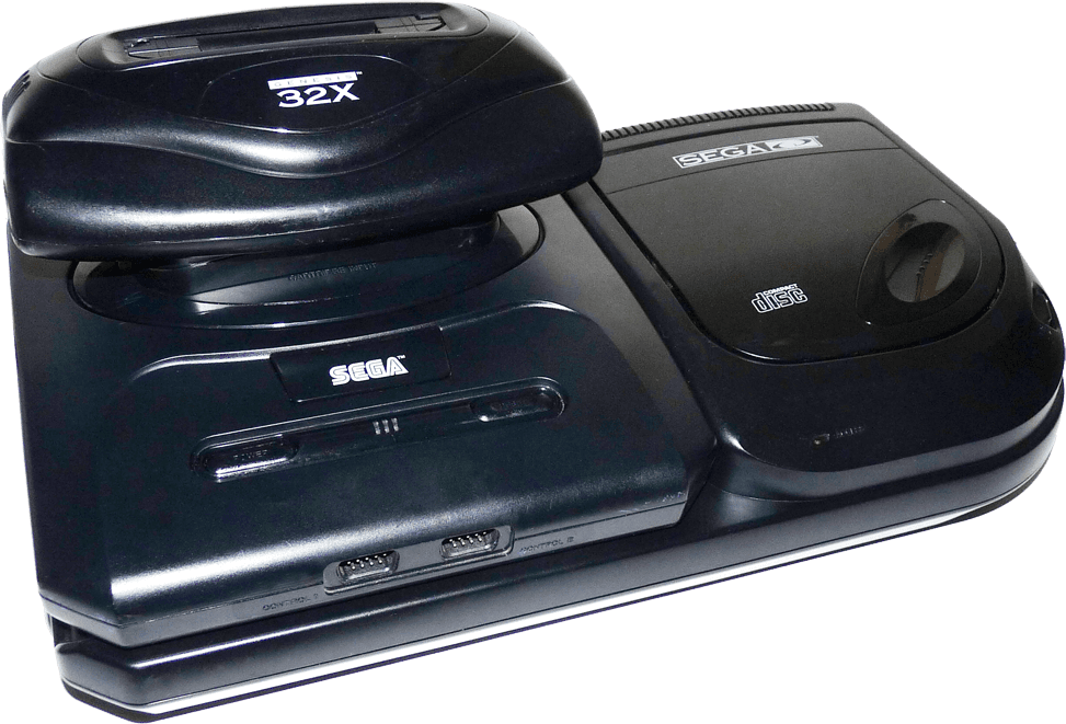 Sega Genesis con Sega CD y 32X montados, sistema completo de videojuegos de 16 bits con expansión multimedia.